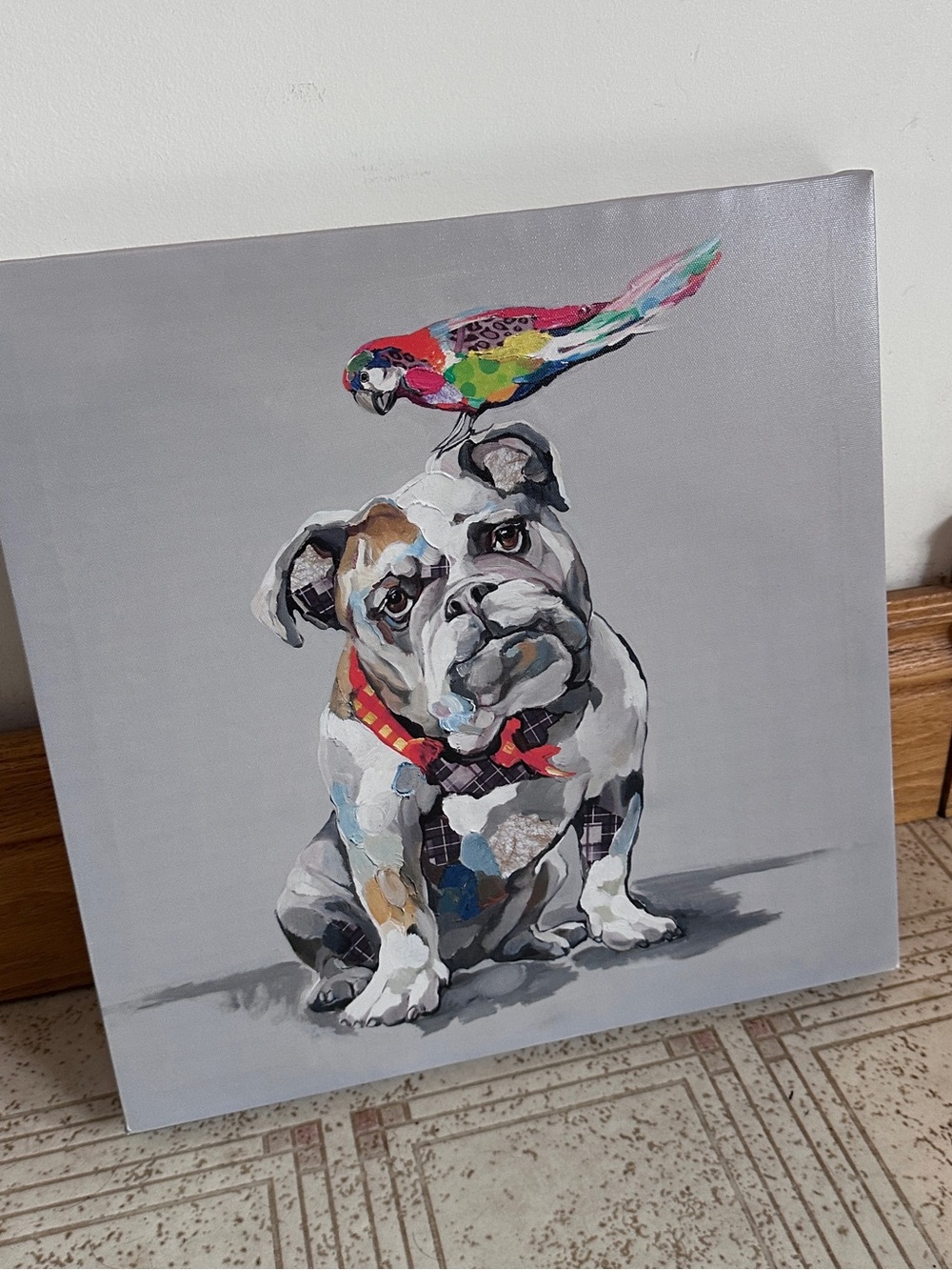 Colorful Parrot & Bulldog Canvas Art - Grey Background